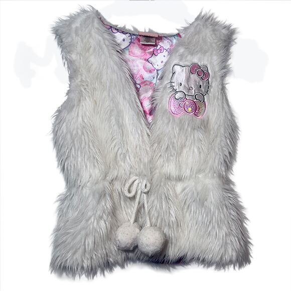 Sanrio Hello Kitty Girls Fuzzy White & Pink Tie-Front Vest Size Small - Picture 1 of 7